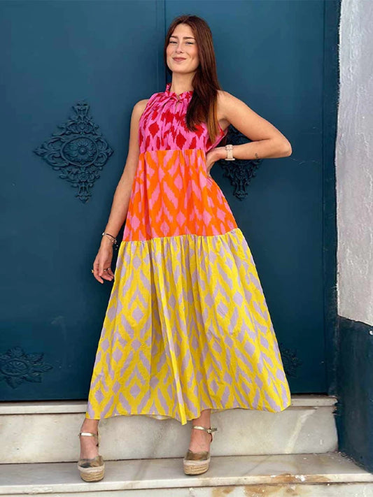 Vestido elegante con estampado de patchwork para mujer, elegante vestido Maixi informal sin mangas con cuello redondo, nueva bata de vacaciones de verano para mujer