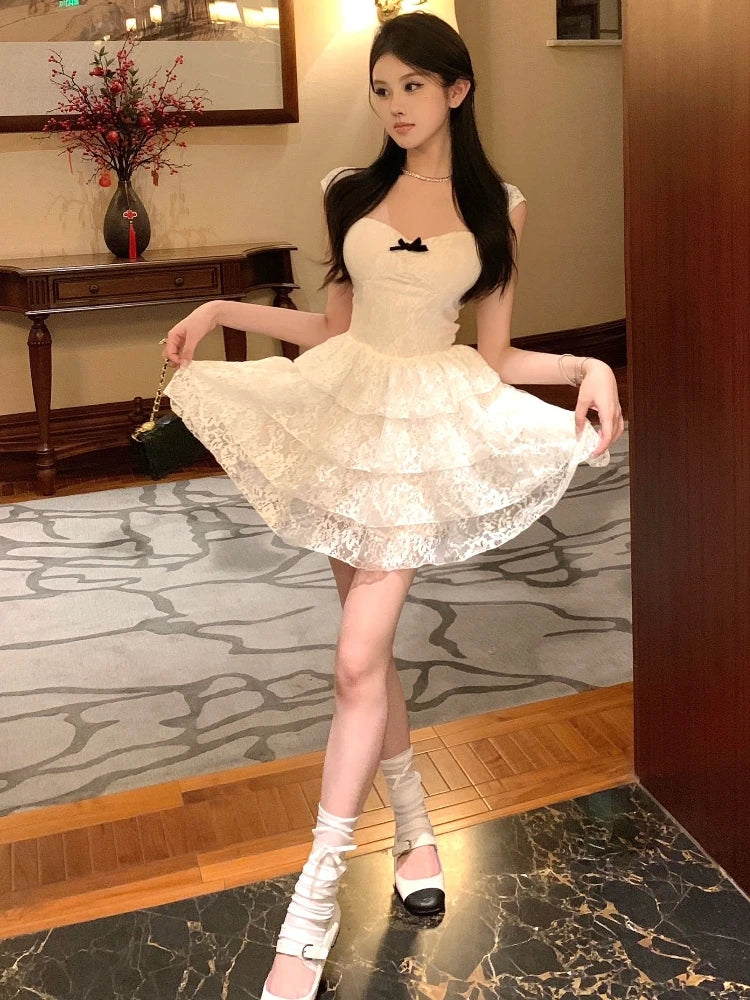 Mujer Primavera Verano Nuevo Elegante Encaje Mini Vestidos Línea A Sin Mangas Fiesta Graduación Moda Ropa De Una Pieza