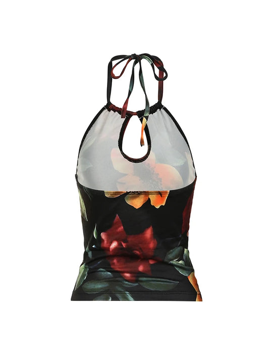 Top estilo vintage con estampado floral grande, ajustado, sin espalda, con lazo, para mujer, para vacaciones de verano
