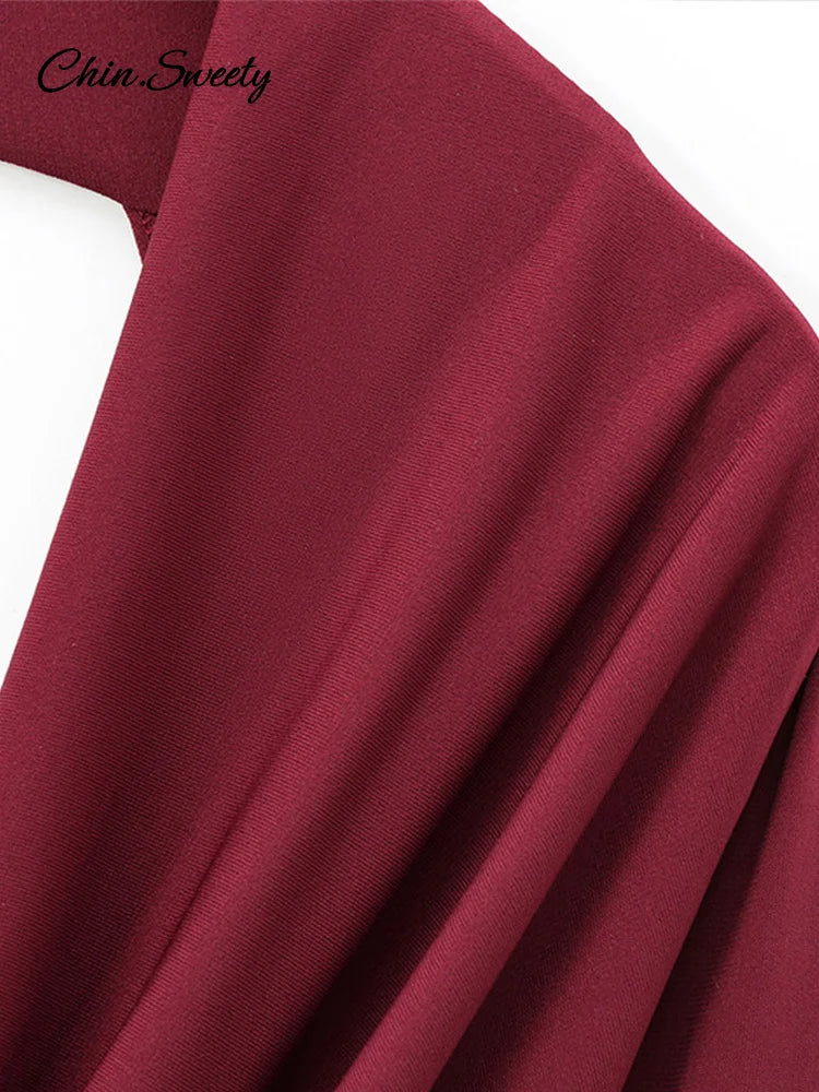 Elegant Hang Neck Burgundy Long Party Dress Women Halter Full Sleeve Maxi Dresses Autumn Lady Slim Hip Package Gowns New