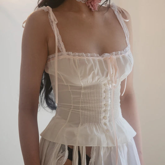 Fairy Cottage Y2K Crop Tops Kawaii Cintas Lazo Ribete de Encaje Camisola Escote Bajo Botones Chaleco Ajustado Estilo Vintage de los 90 para Mujer