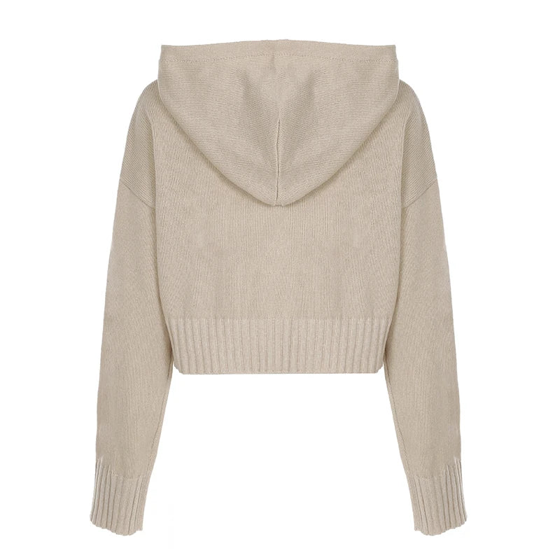 Suéter de punto liso para mujer, cárdigan con cremallera, capucha, manga larga, retro, sencillo, estilo Harajuku, abrigo corto, moda informal