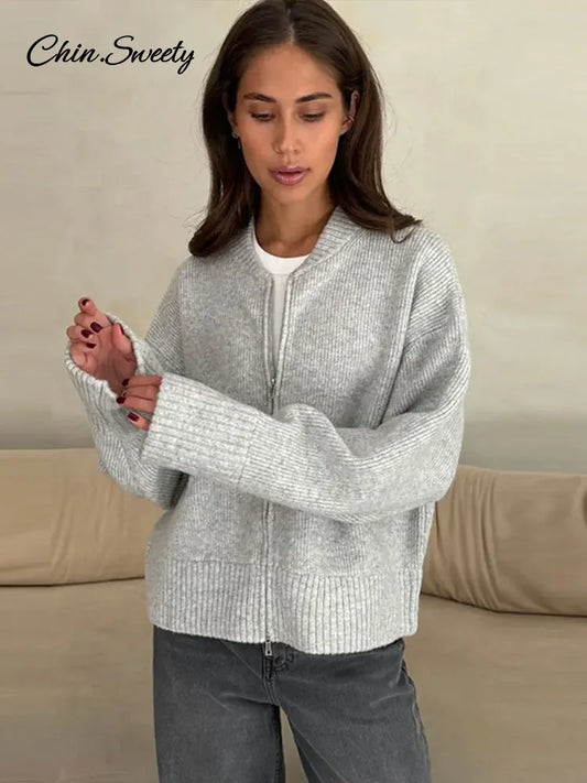 Vintage Knit Zipper Cardigan For Women Solid Loose O Neck Long Sleeve Sweater Top Female Fall Winter All-matching Knitwear