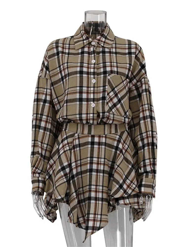 Vintage Contrast 2 Piece-Set Skirt For Women Long Sleeve Slim Patchwork Coat And High Waist Skirt Outfits Ladies Clothes