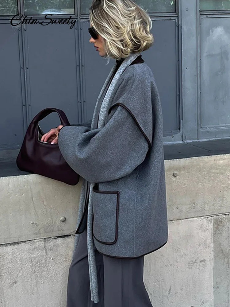 Abrigos elegantes con cinturón de patchwork para mujer, abrigos con escote en V en contraste, manga larga y bolsillos para mujer, novedad de otoño en prendas de vestir exteriores para mujer.