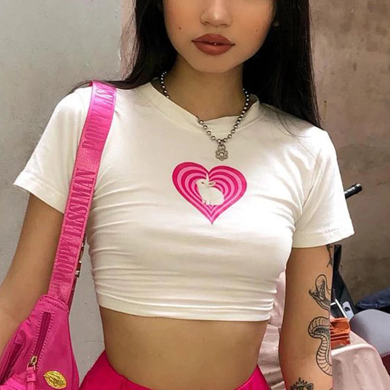 Camiseta de manga corta con estampado de amor para mujer, estilo Y2K, sexy, de verano