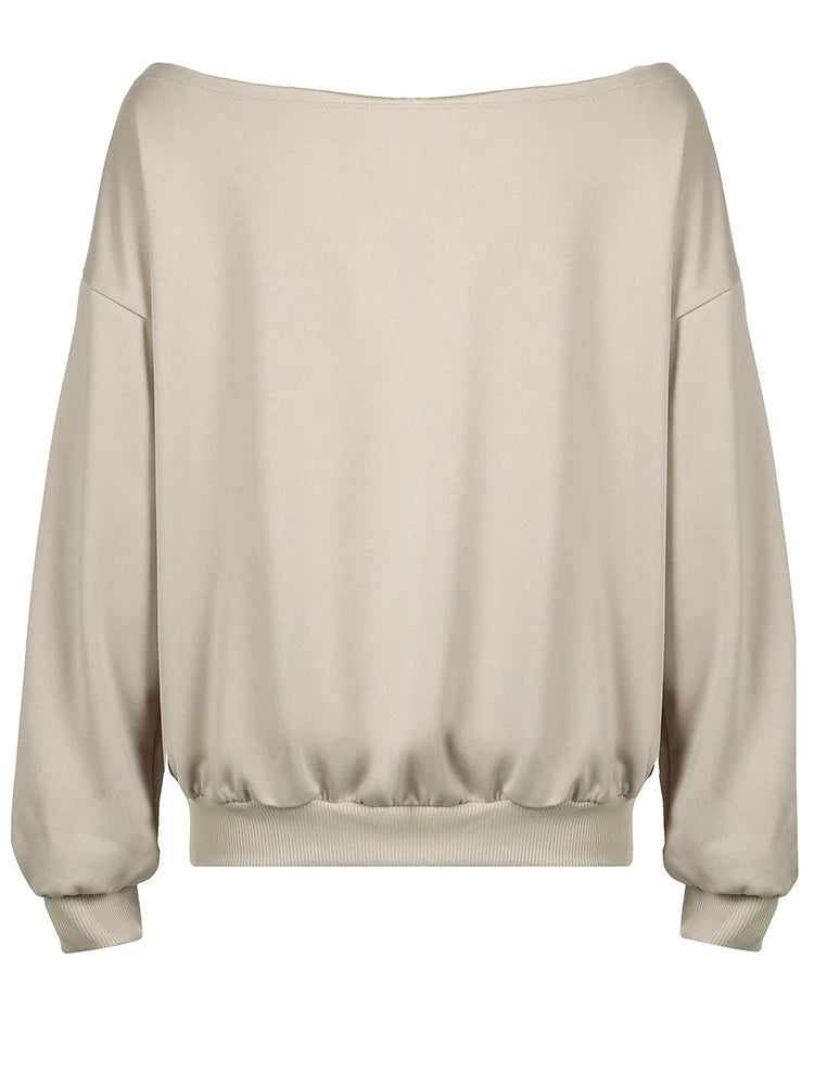 Sudadera holgada informal con estampado de figuras para mujer, otoño e invierno, nueva moda, con hombros descubiertos y cuello oblicuo, ropa de calle