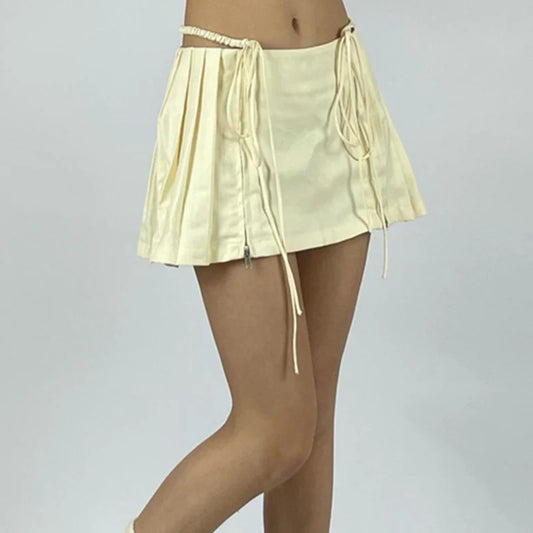 Korean Low Waist Bandage Mini Skirt E Girl 00s Retro Preppy Kawaii Zip Up Pleated Skirt Cute Bottom Y2K Fairy Grunge Streetwear