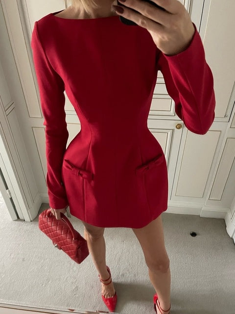 Elegante minivestido de manga larga para mujer, con lazo y cuello redondo, ajustado, para otoño/invierno 2025, nueva ropa de calle de moda.