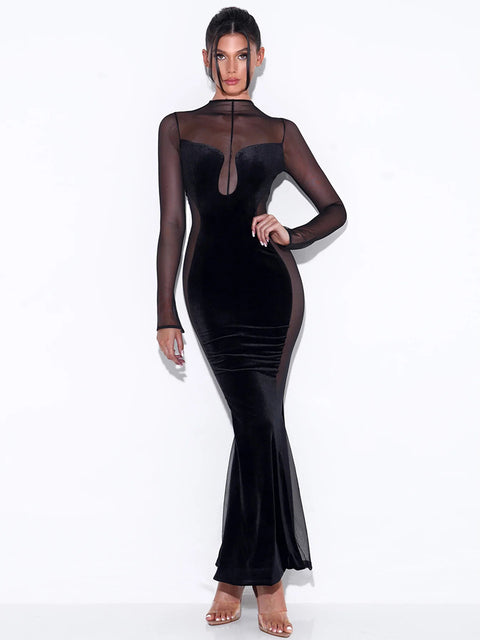 Vestido de noche verde de manga larga para mujer, sexy, transparente, de malla, ajustado, elegante, para fiesta y club, para otoño