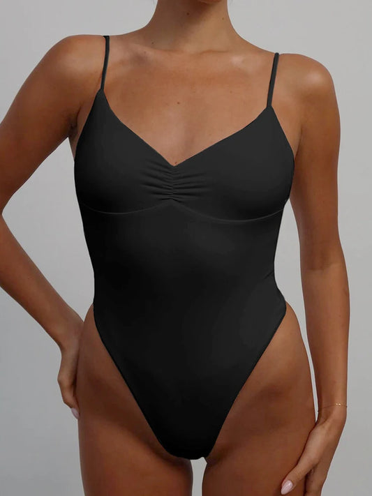 Bodys ajustados y sexys con tirantes finos y espalda descubierta para mujer, sin mangas, fruncidos, con cuello en V, camisola, bodys rave Baddie