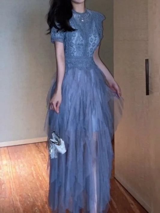 Vestido coreano de encaje con cuello redondo y retazos calados, elegante vestido blanco de malla irregular para mujer, primavera-verano 2025, A7893