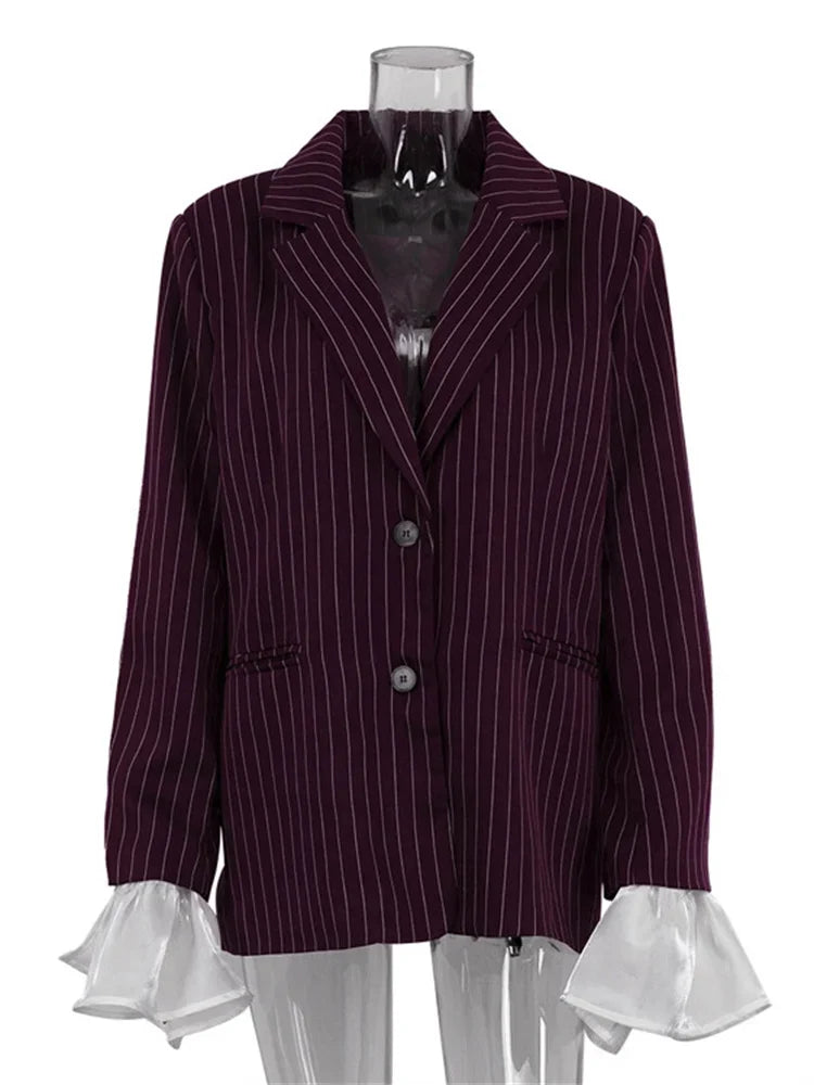 Lace Striped Suit Outwear For Women Patchwork Long Sleeve Lapel Fashion Commute Pocket Coat Ruffled Female Loose Blazer