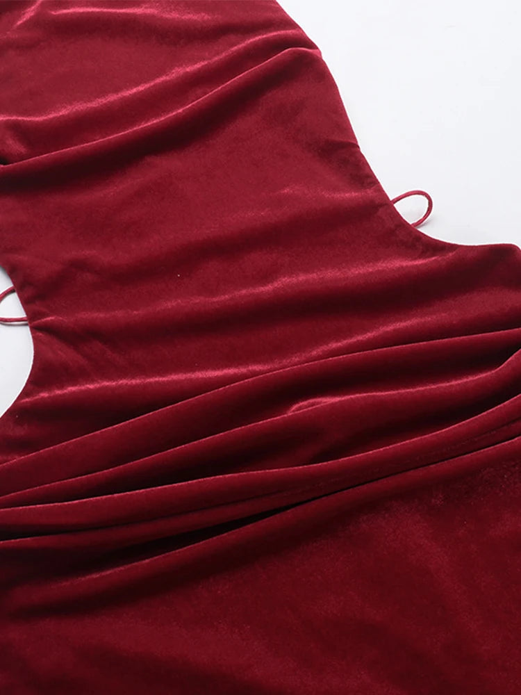 Sexy Velvet Backless Sling Long Dress Women Retro Solid Sleeveless Lace Up Slim Evening Dresses Female Elegant Chic Party Street