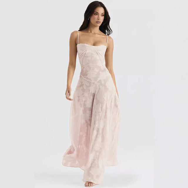 Elegante vestido largo sin espalda con estampado para mujer, nuevo vestido de moda con tirantes finos, sin mangas, holgado, de corte A, para fiesta en club