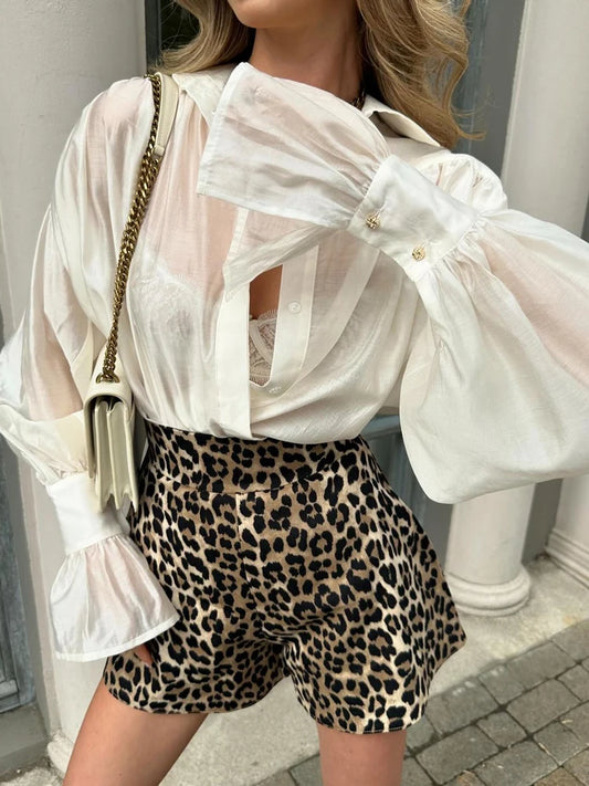 Autumn See-Through Casual Shirts Top For Women Loose Slim Long Sleeve Lapel Cardigan Streetwear Women’s Pleated Shirts Top