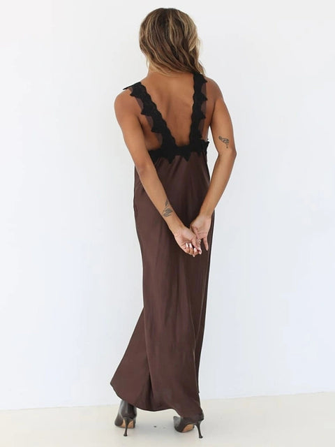 Sexy Lace Camisole Open Back Dress For Women Satin Lace Up Bodycon Long Dress Female Elegant Party Club Evening Dress