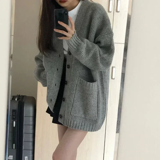 Cárdigan de otoño e invierno para mujer, suéter, abrigo, moda femenina, manga larga, cuello en V, chaquetas de punto sueltas, suéteres casuales, cárdigans