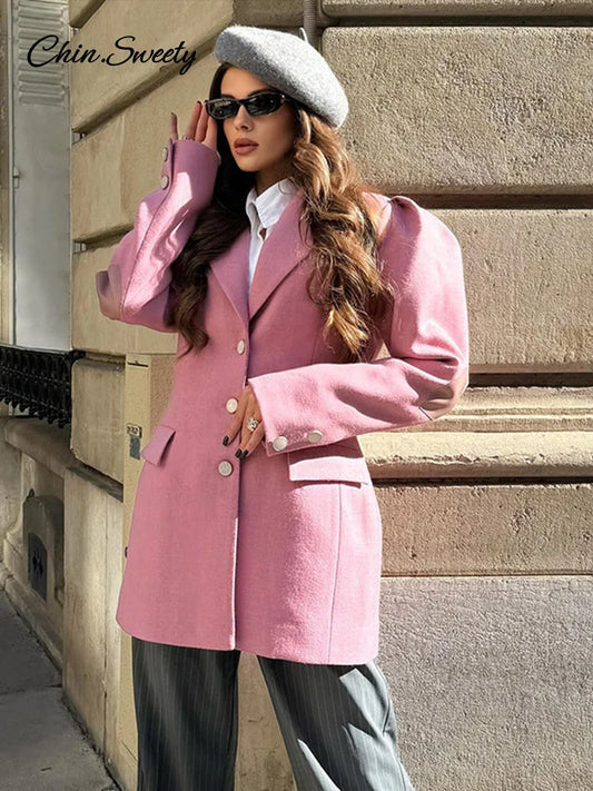 Elegant Women’s Puff Sleeve Blazer Slim Lapel Single Breasted Cinched Waist Female Jacket 2025 Spring Lady High Street Outwears