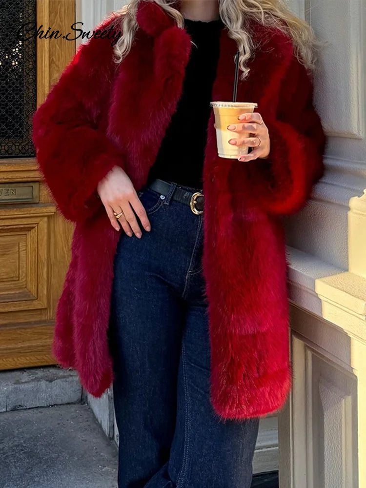 Luxury Women’s Red Faux Fur Long Overcoat Fleece Thick Warm Full Sleeve Lapel Cardigan Coat Winter Fashion Loose Outerwear