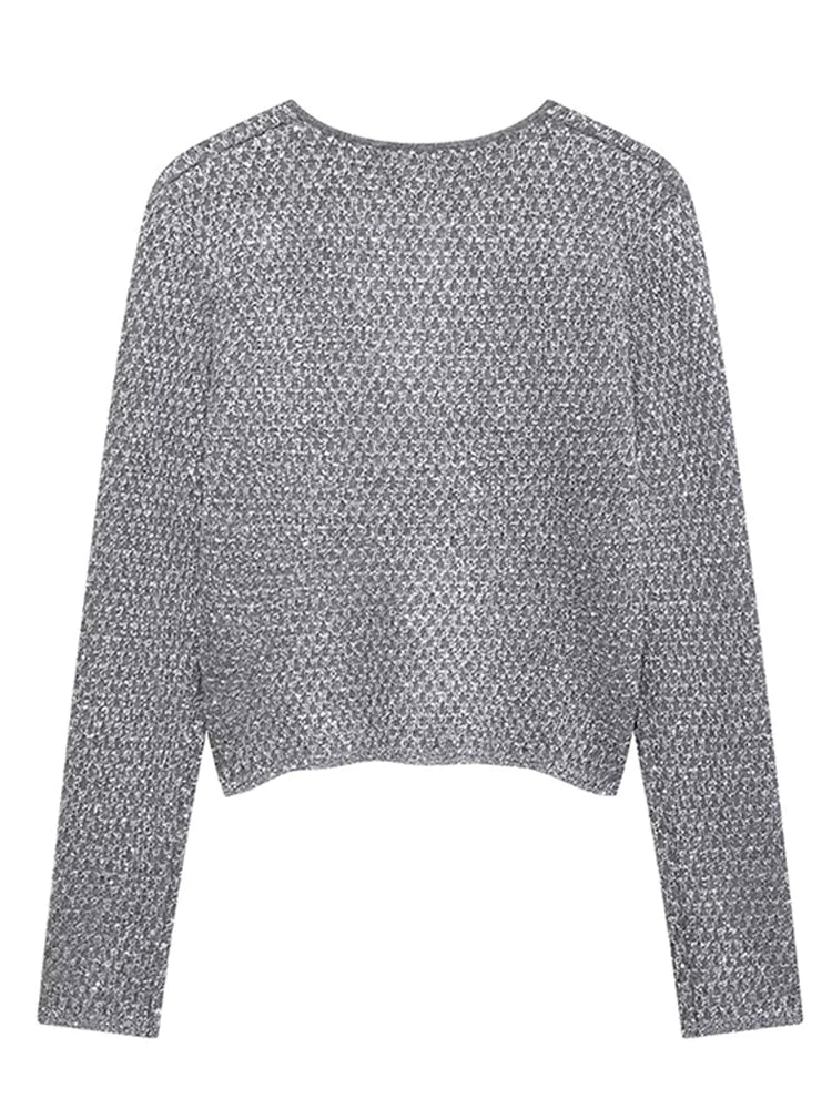 Slim Sequin O Neck Knitted Cardigan Women Long Sleeve Single Breasted One Button Sweater 2025 Spring Lady New Commute Knitwear