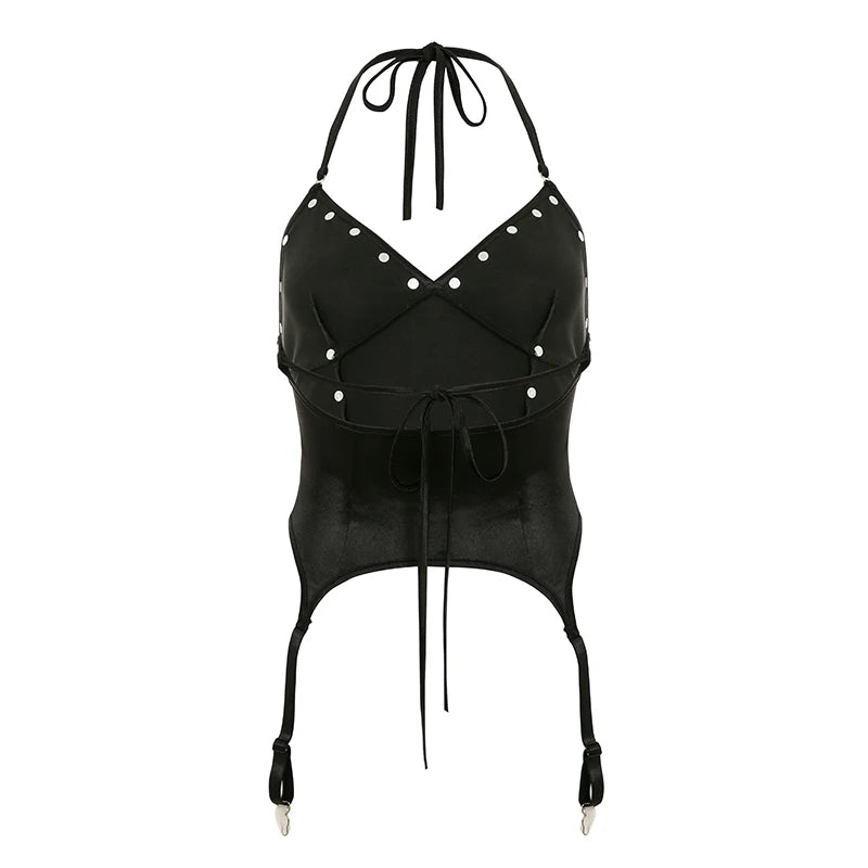 Camisola sexy ajustada de PU con diseño de remaches de satén empalmados para mujer, blusas de moda retro Gyaru Darkly Punk