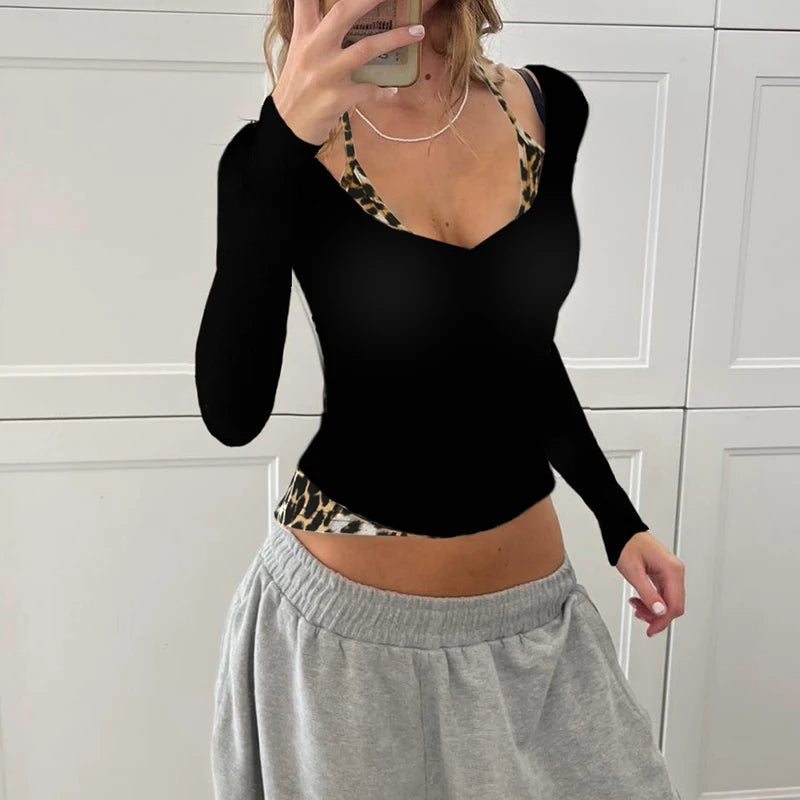 Y2K Contrast Leopard Print Crop Top Chic Long Sleeve Halter Sexy O-neck T-shirt Korean Fitted Tee Autumn Streetwear