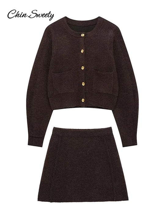 Elegant Brown Skirt Suits Knitted O-Neck Long Sleeve Metal Button Cardigan High Waist A-line Mini Skirts 2025 Spring Lady Outfit
