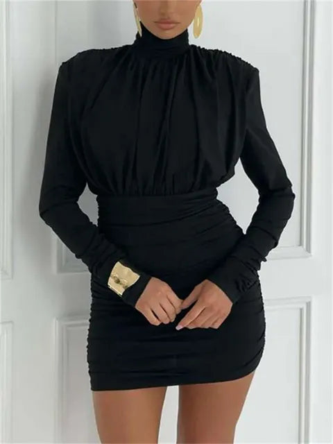 Pleated High Waist Slim Mini Dress Female Fashion Long Sleeve Patchwork Elegant Commute Dress Ladies Solid Autumn Dress
