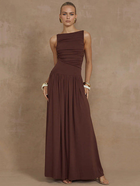 Elegante vestido largo sin mangas para mujer, moda sólida, cuello barco, vestidos de tirantes, vestido largo fruncido sexy para mujer, nuevo vestido