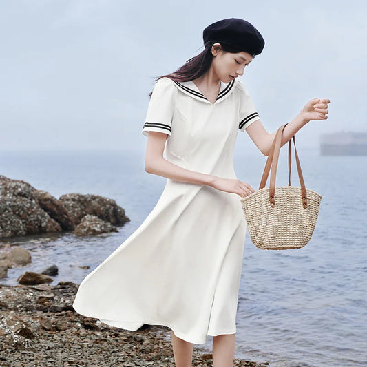 Dress Women Navy Collar With A Collegiate And Artistic Style Summer New White Moonlight Waist-Cinched Long Dress