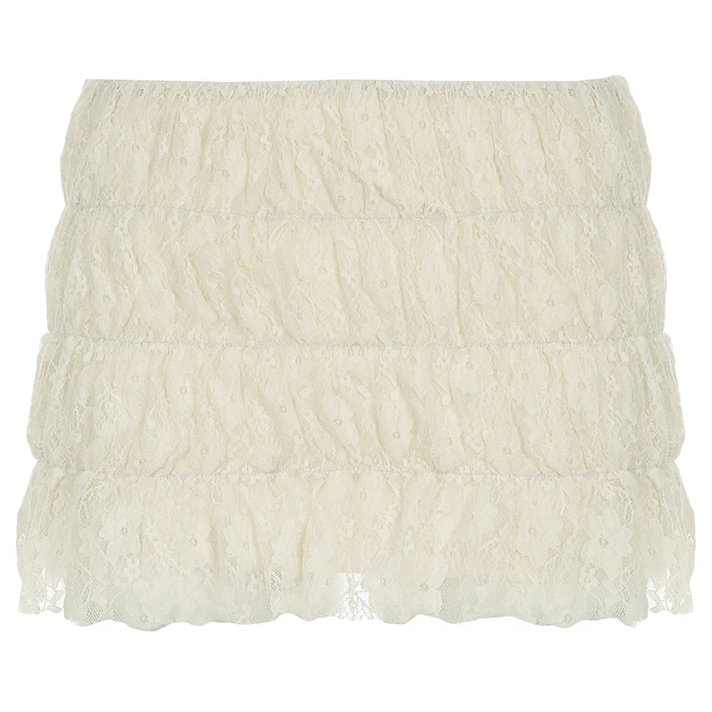 Sweet Cute Balletcore Women Mini Skirts Solid Lace Bow Ruched Cake Skirt Spring Summer Trendy Clothes