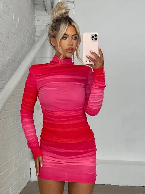 Vestido minivestido de mujer con cuello redondo, manga larga en contraste, elástico, ajustado y con volantes para fiesta urbana, moda otoño 2025, nuevo