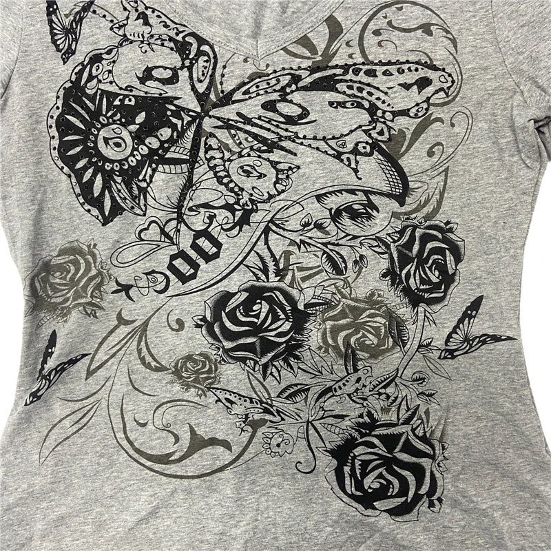 Y2k Fairy Grunge Tops góticos estéticos con estampado floral, cuello en V, camiseta de manga larga para mujer, ropa deportiva básica, ropa de calle
