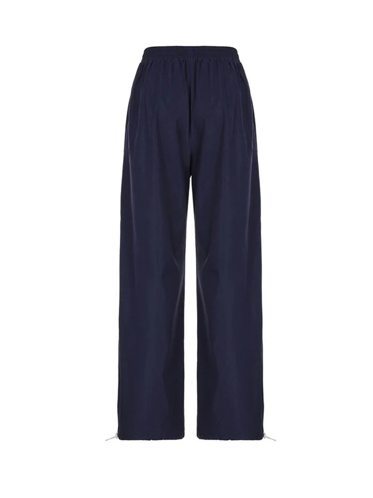Pantalones rectos holgados de cintura alta con elástico y rayas laterales para mujer, pantalones holgados estilo hippie con estampado de letras, ropa de calle preppy