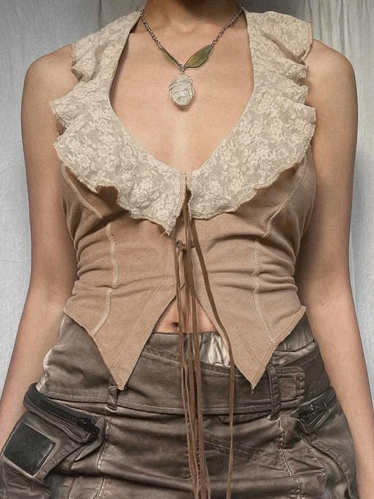 Chaleco vintage de gamuza para mujer, top Y2K con cordones, ajustado, sexy, sin mangas, de los años 2000, con ribete de encaje, estilo halter, ropa grunge