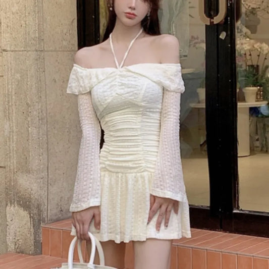 Autumn Elegant Y2K Short Dresses for Women Slash Neck Flare Sleeve Lace-up Halter A-line Slim Waist Korean Fashion Mini Vestidos