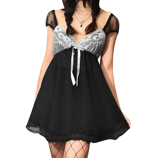 Cute Lace Patchwork Kawaii Dress Chiffon Vintage Fairycore Grunge Clothes Y2K Aesthetic 2000s Mini A-line Outfits