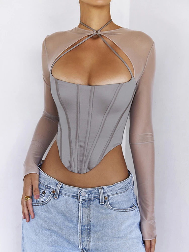 Asymmetrical See Through Sexy Women Clothes Solid Sheer Grey Elegant Corset Tops Club Mesh Outfits Long Sleeve Streetwear