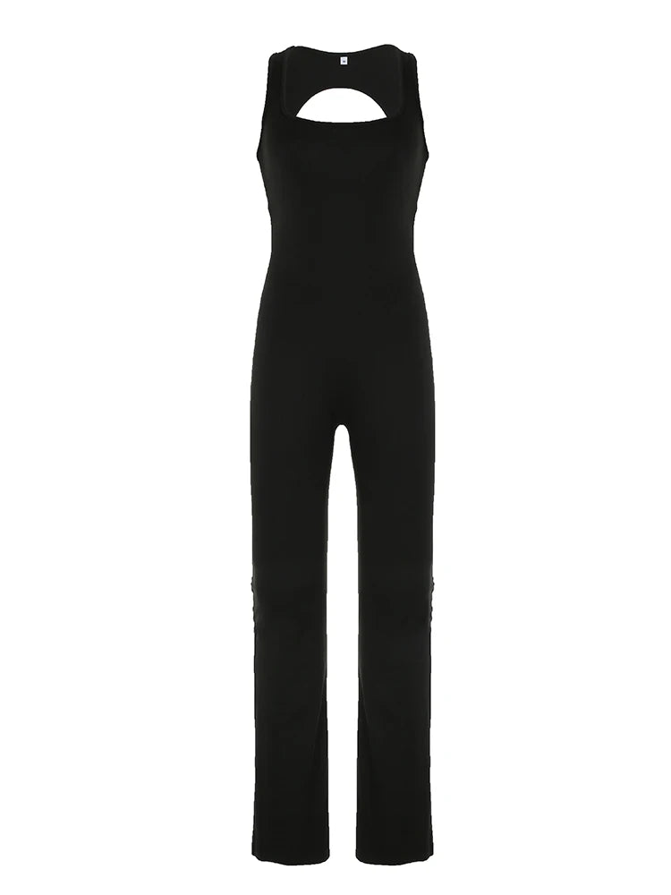 Monos negros ajustados y sexys sin espalda para mujer, sin mangas, con cuello cuadrado, ideales para las vacaciones de verano.