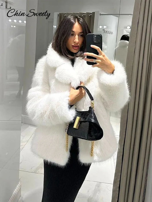 Abrigo de piel sintética esponjoso para mujer, elegante, suelto, de felpa, de manga larga, con hebilla, chaqueta gruesa, abrigo liso y cálido para otoño e invierno, nuevo
