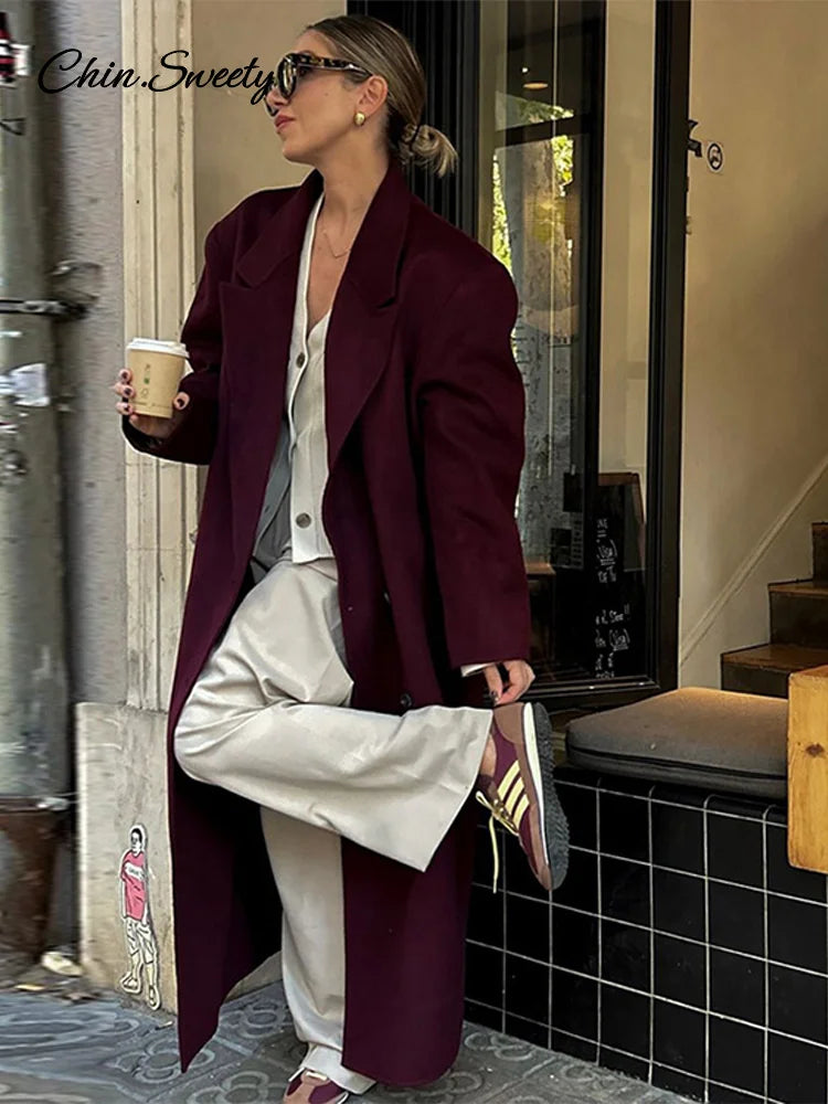 Abrigo largo de lana burdeos y rojo a la moda para mujer, con hombreras extragrandes, manga larga, doble botonadura, ropa de calle de otoño para mujer