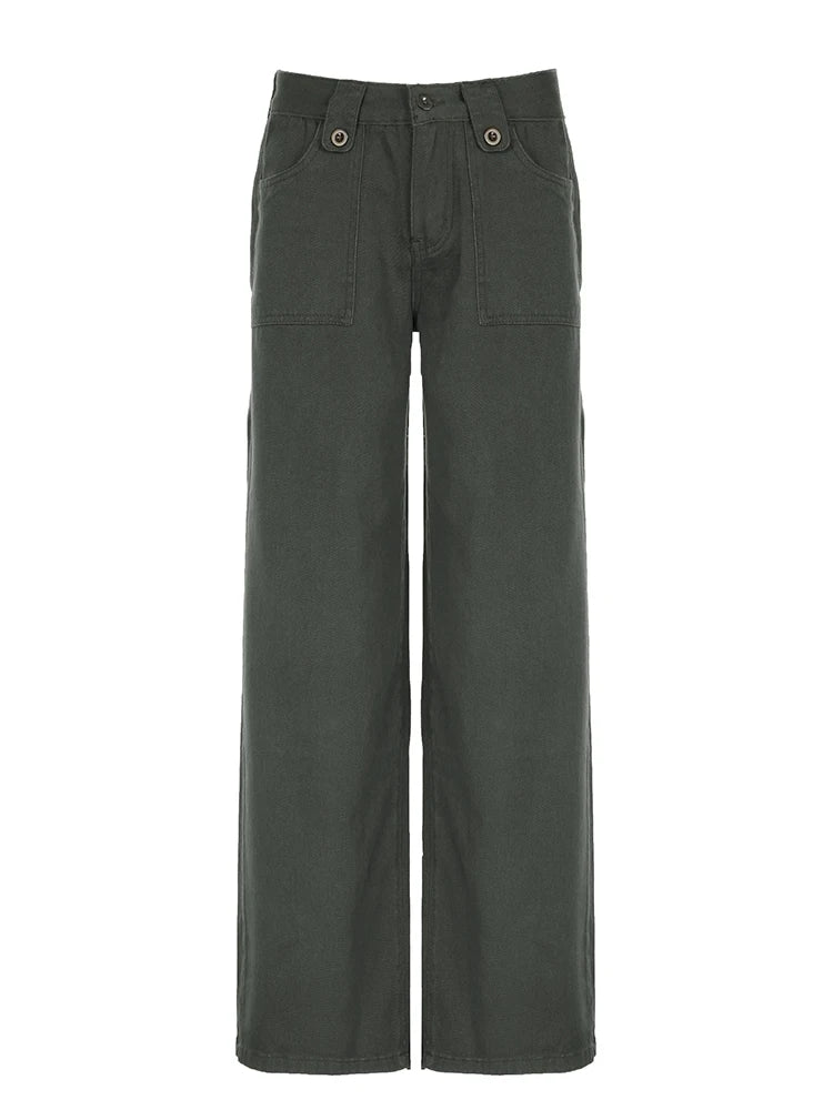Sweetown - Vaqueros rectos de tiro bajo verdes retro para mujer, estilo urbano Y2K, con bolsillos, estilo cargo informal