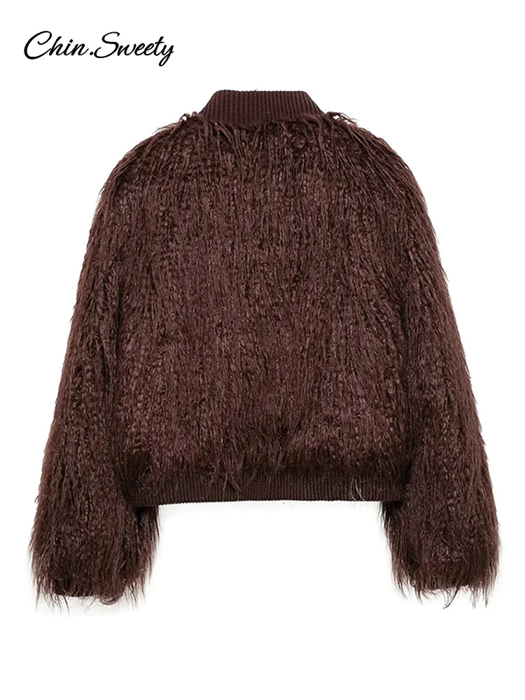 Abrigos de piel burdeos de moda para mujer, chaquetas holgadas, cálidas, gruesas, con cuello redondo y manga larga, para otoño e invierno, prendas de vestir para fiestas 2025
