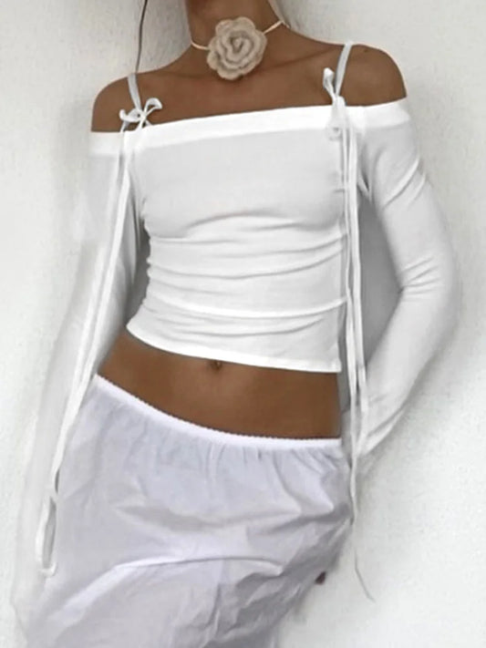 Sexy Bow Off Shoulder Skinny Tops for Women Autumn Winter Y2K Fashion Long Sleeve T-shirts Solid Basic Streetwear 2025