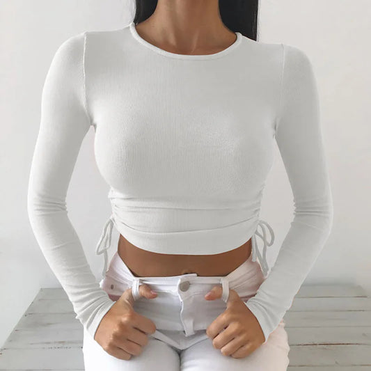 Sexy O-Neck Long Sleeve Bodycon Cropped Tops Autumn 2025 Women Irregular Drawstring Bandage Knitted Solid T-Shirt