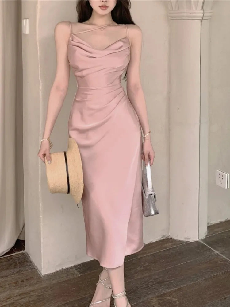 Vestido midi de satén sexy para mujer, nuevo vestido de verano con tirantes finos, cuello halter, abertura para noche, fiesta, graduación, vestido de una pieza
