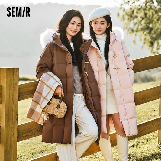 Chaqueta de plumón para mujer, larga, resistente al viento, holgada, de invierno, cálida, con cuello de piel y capucha.