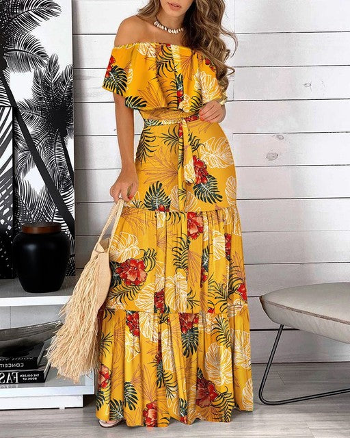 Fashion Print Off Shoulder Long Dresses Women Summer Ruffles One-piece Collar Leace-up Maxi Dress Female Commuting Vestidos New