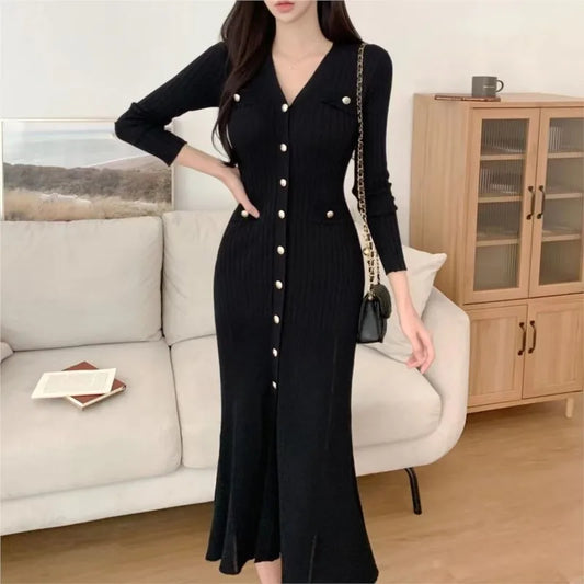 Vestidos de punto elegantes coreanos para mujer, cuello en V, manga larga, ajustados, ajustados, con volantes, vestido de fiesta informal, otoño e invierno, nuevos vestidos